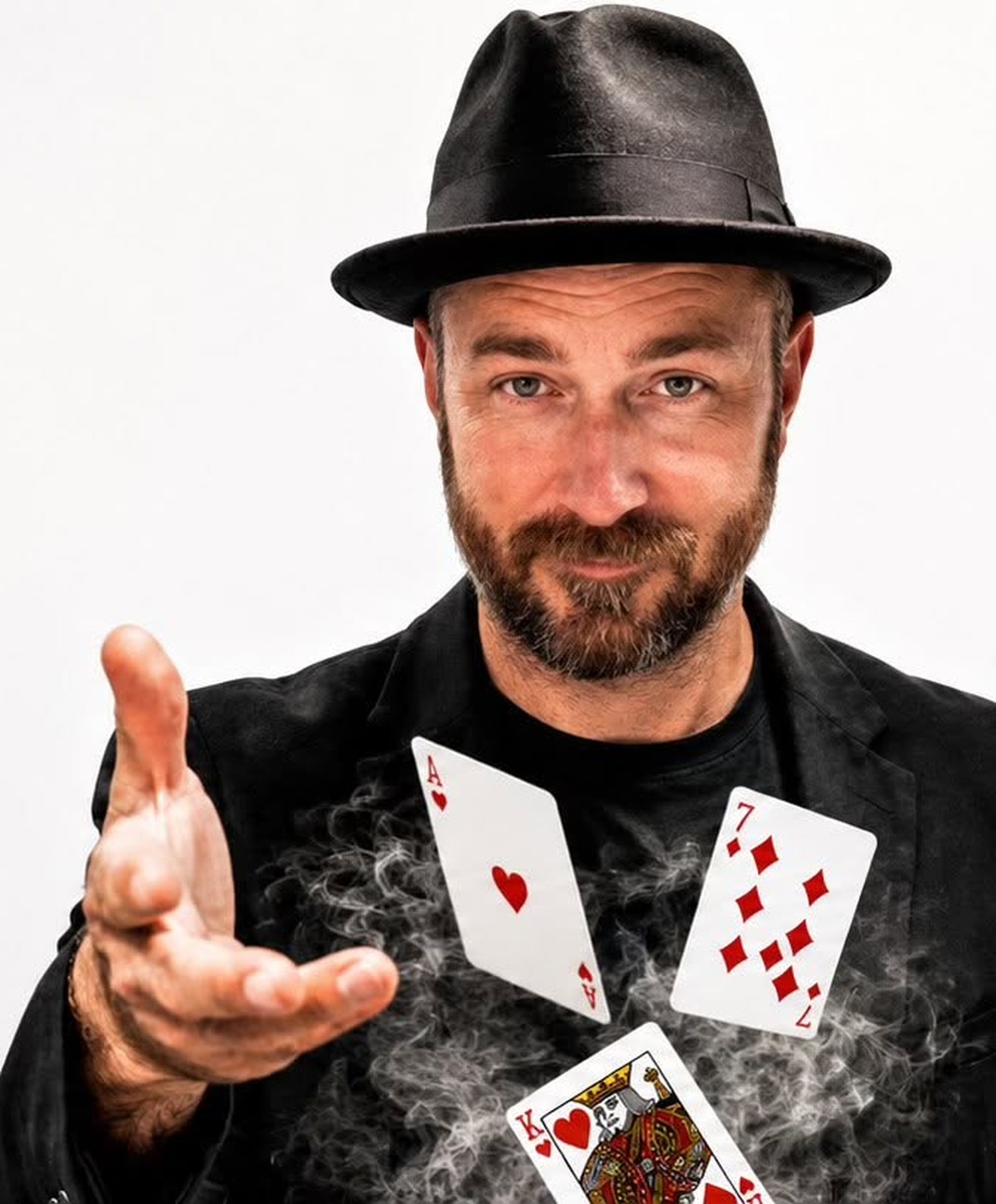 John Henry Copen, Middle Tennessee magician, fanning playing cards toward the camera